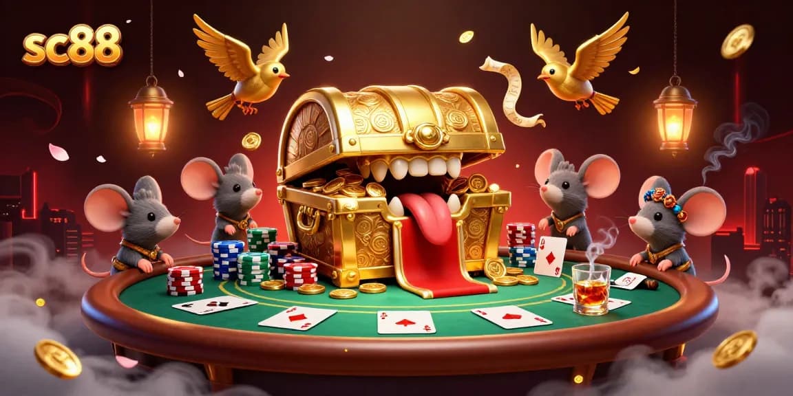 Engage in thrilling poker at sc88 with vibrant chips, glowing characters, and a treasure chest!