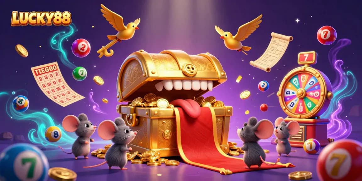 LUCKY88 jackpot scene with vibrant slot reels, colorful lottery elements, and adventurer mice.