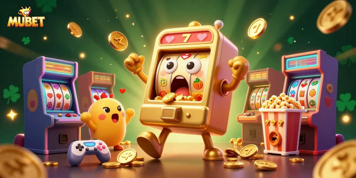 MUBET's thrilling jackpot with a lively 3D slot machine, cheering baby slots, and golden kernels raining down.