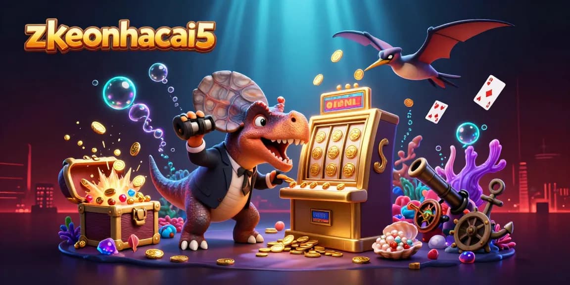 Zkeonhacai5 showcases a dinosaur-themed casino scene with a jackpot-paying slot machine and flying coins.
