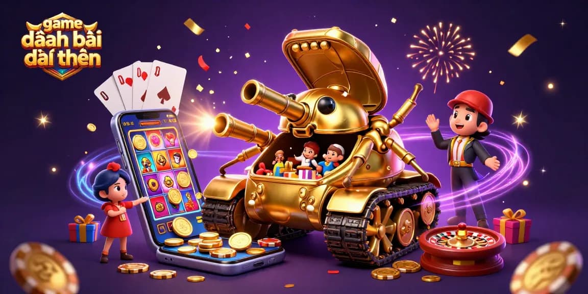 Experience game đánh bài đổi thưởng inside a golden beetle tank casino in a vibrant celebration scene.