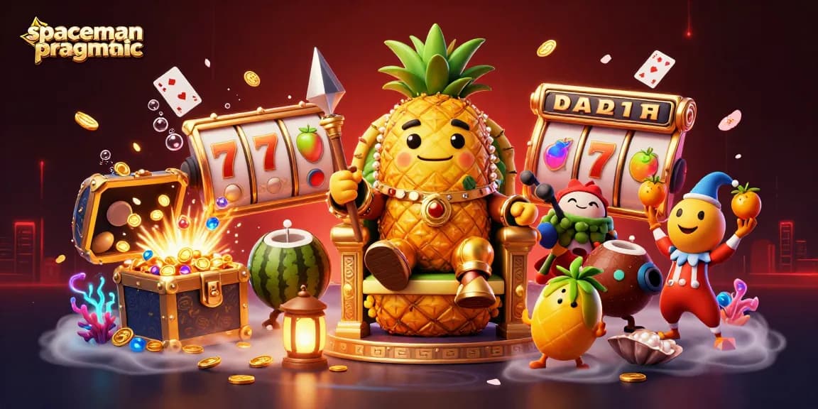 Mainkan spaceman pragmatic dengan jackpot dan simbol slot yang menggoda di gambar kasino berwarna-warni.
