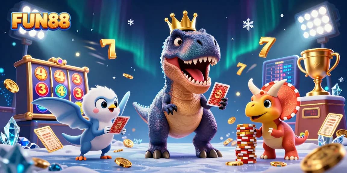 Experience FUN88's dynamic casino atmosphere with a playful T-Rex shuffling cards and friends stacking chips.