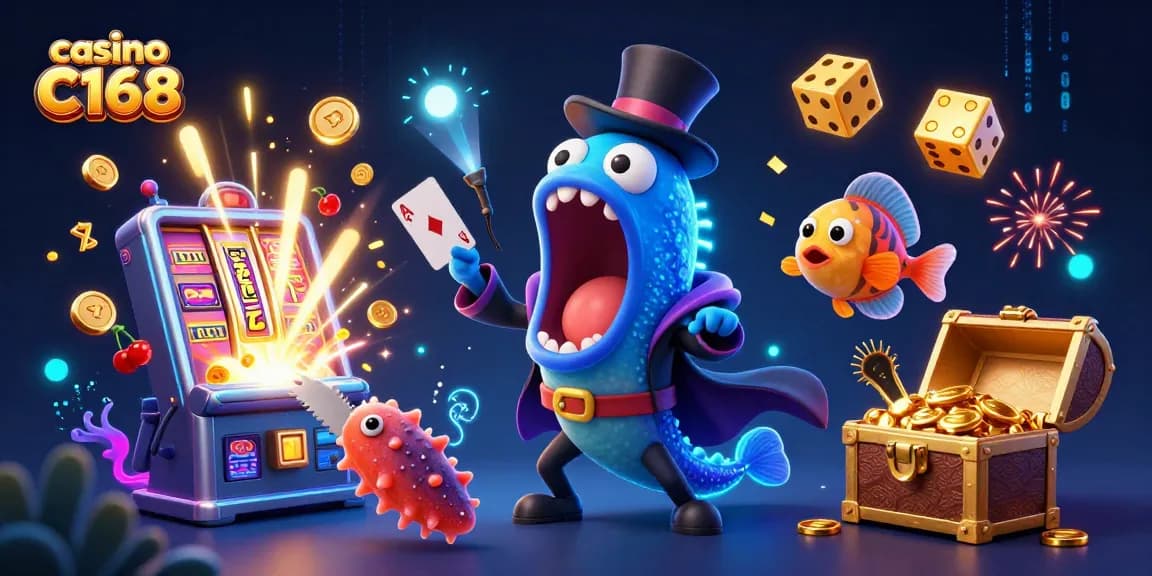 Experience the magic and excitement of casino C168 with vibrant underwater characters and dynamic casino elements.