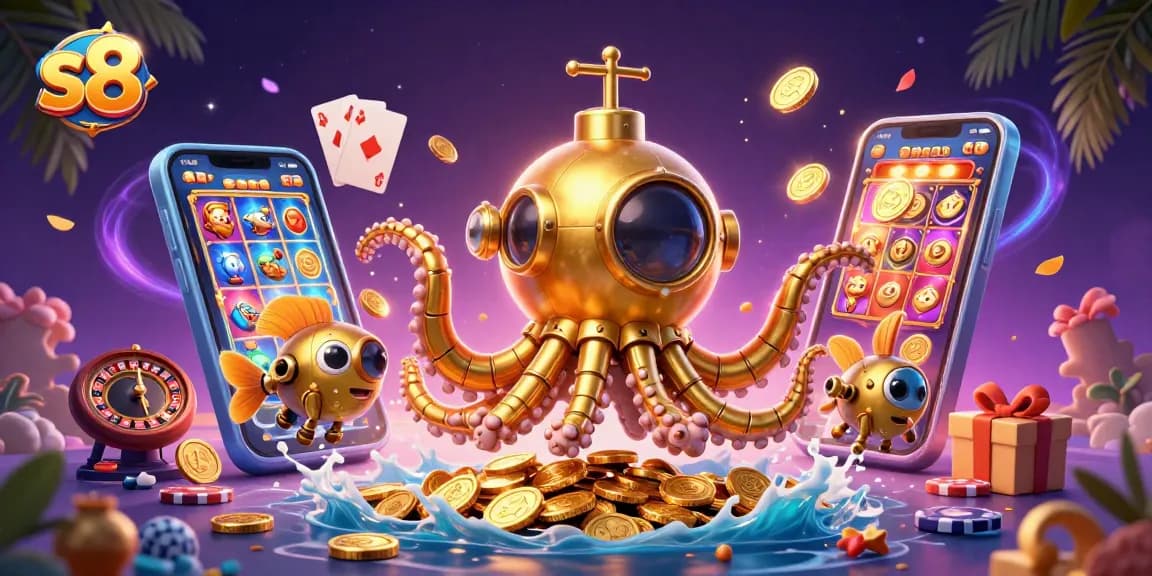 Experience thrilling gaming excitement with S8's vibrant slot game scene and golden submarine.
