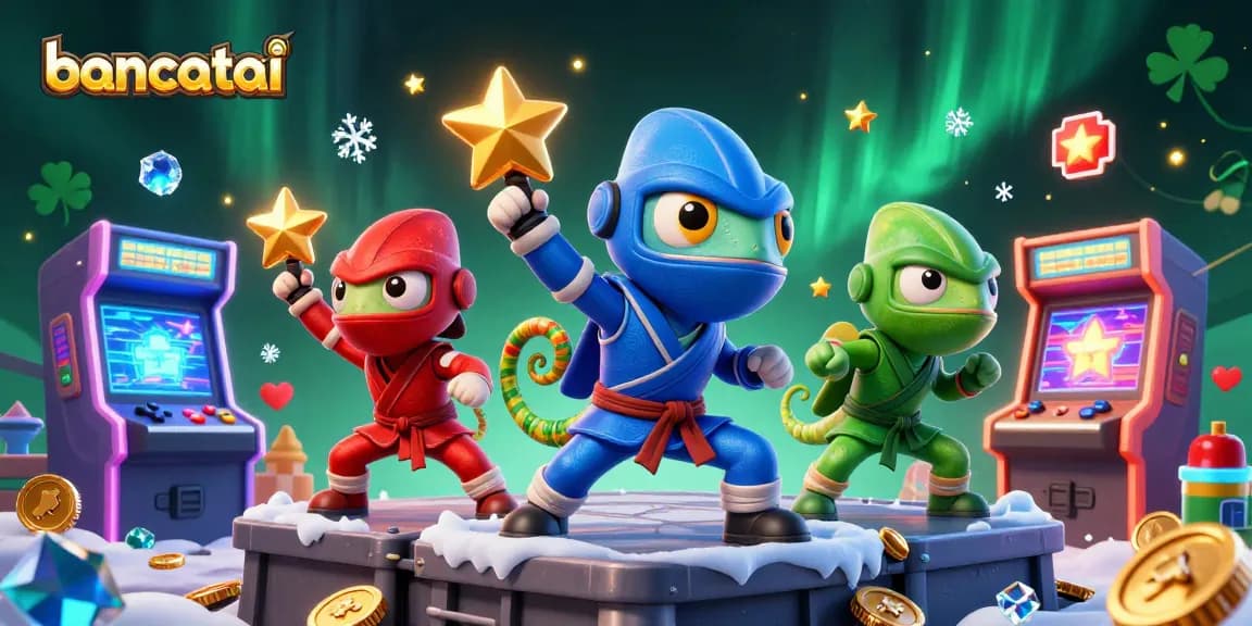bancatai highlights a team of ninja chameleons celebrating casino wins amidst dynamic gaming elements.