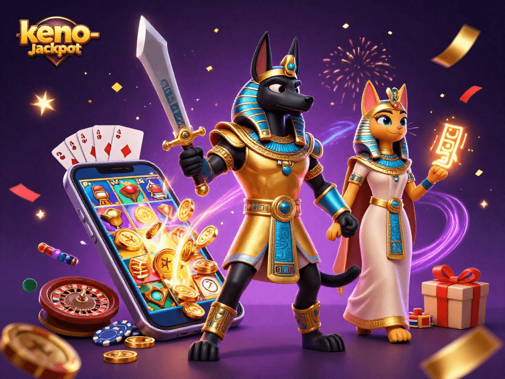 Engage with keno-jackpot excitement as Anubis and Bastet celebrate thrilling wins in a vibrant casino scene.