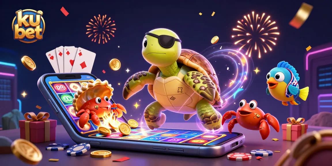 Experience exciting gaming action with ku bet in a vibrant 3D illustration showcasing a pirate turtle and treasure.