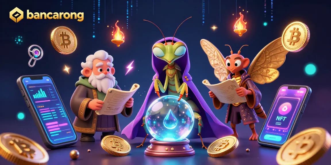 Bancarong showcases a mystical fortune teller and librarian, surrounded by crypto elements in this vibrant casino scene.