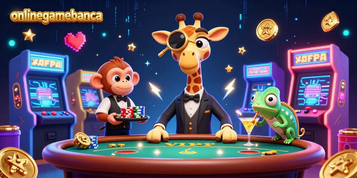 Experience the thrill of gaming at onlinegamebanca with dynamic casino illustrations featuring vibrant characters and elements.