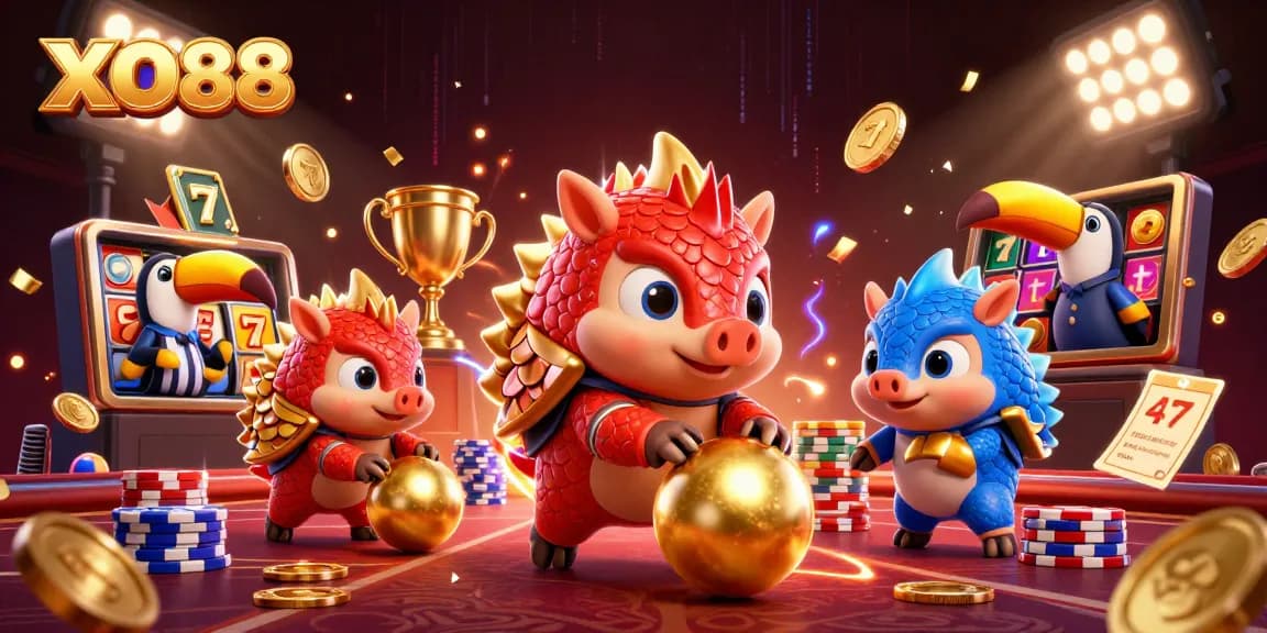 Experience the excitement of gaming with XO88 as rival pangolins battle in a vibrant casino scene.