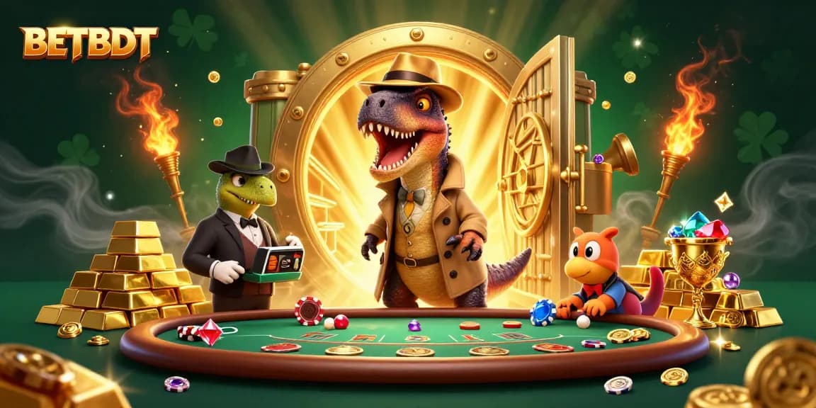 Engage in exciting gameplay at BETBDT's vibrant casino with animated characters and treasure.
