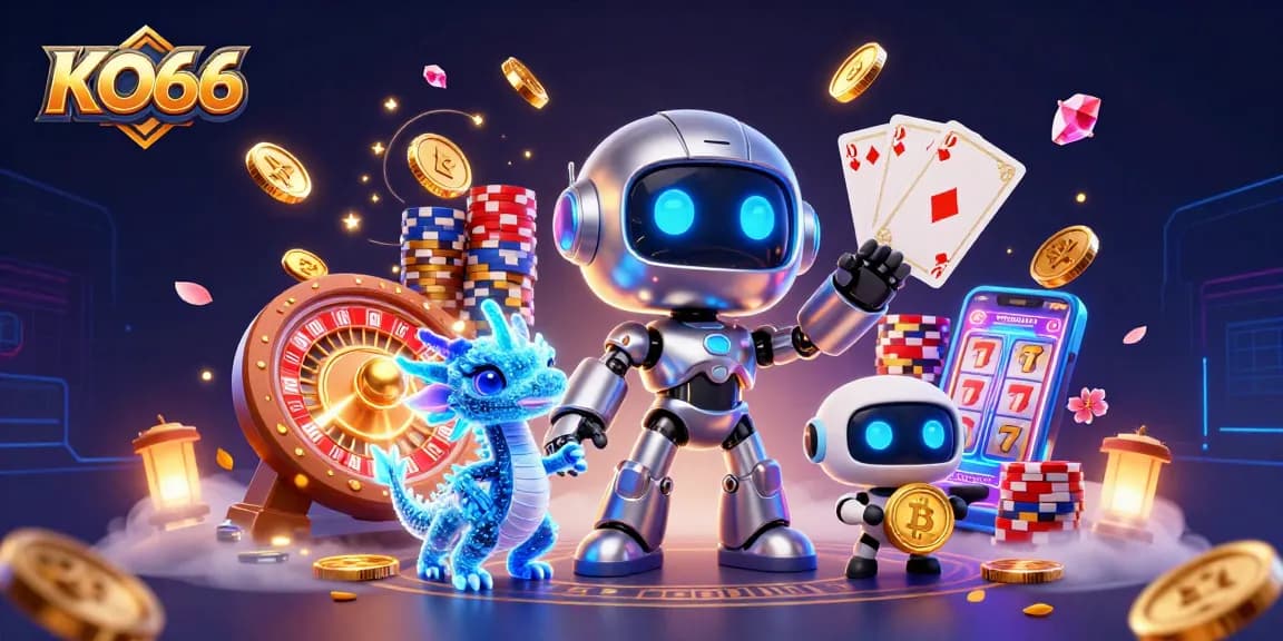 Experience KO66 with a vibrant casino scene featuring a 3D cartoon robot and exciting game elements.