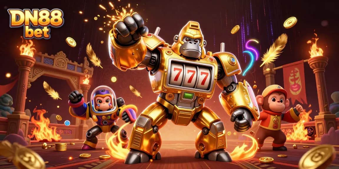 Experience the thrill of DN88 bet with giant slot machine-themed characters and vibrant casino elements.