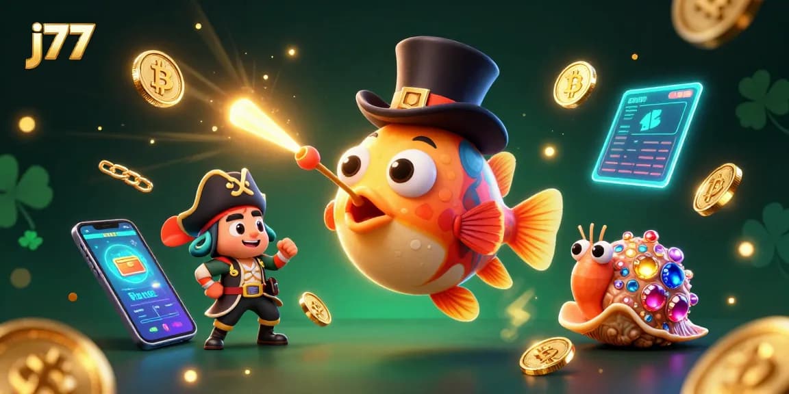 Attract golden coins with j77's thrilling casino experience in a vibrant underwater scene.