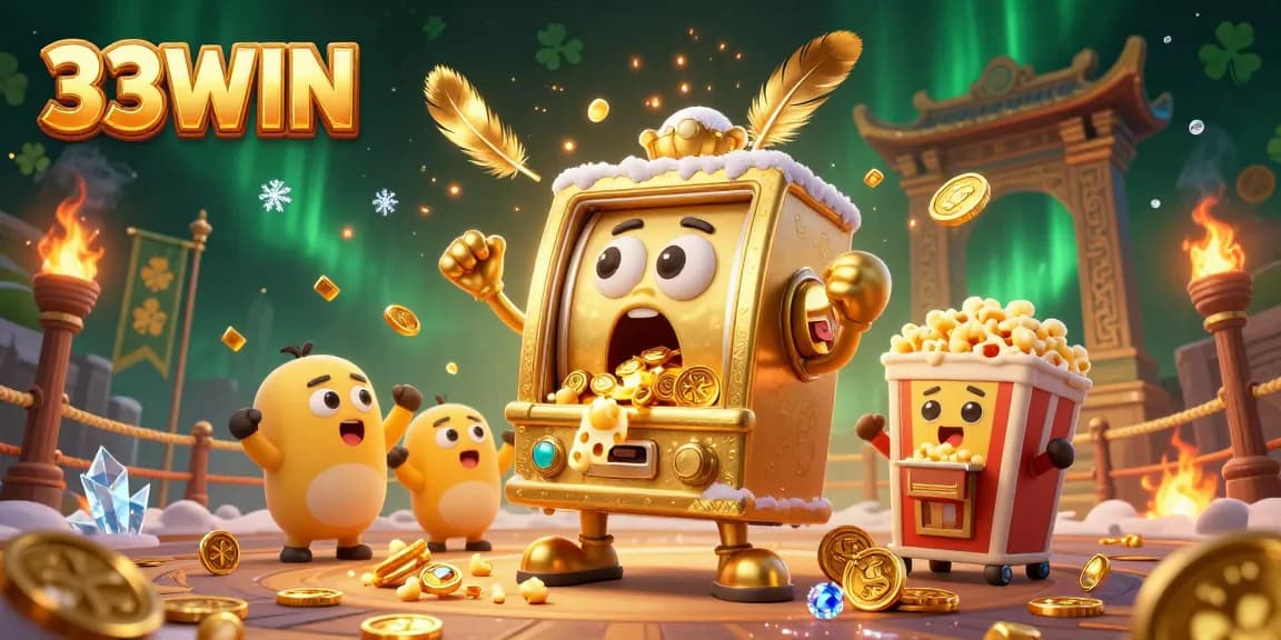 33WIN slot machine surprises as it hits a jackpot, spilling coins amidst cheering companions.