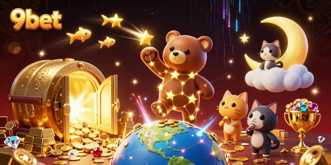Experience thrilling gaming with 9bet's vibrant 3D casino illustration featuring a celestial bear and treasure