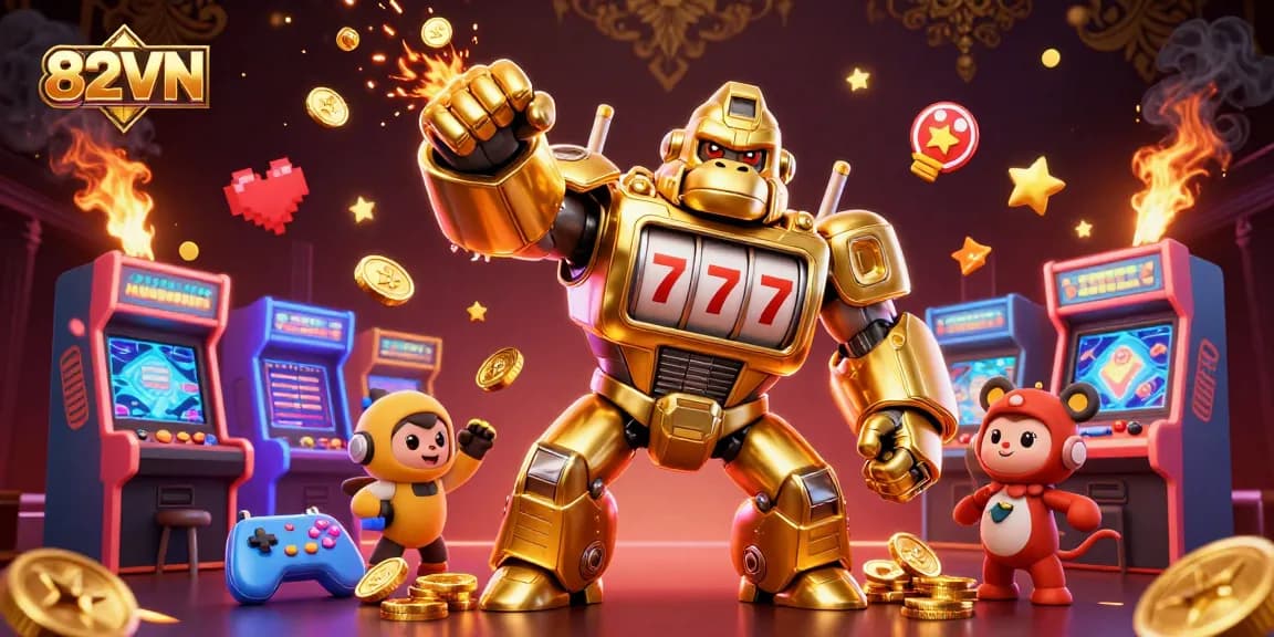 Experience dynamic gaming action with 82VN's vibrant 3D illustration featuring engaging entertainment elements.
