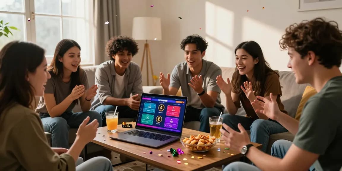 Khuyến Mãi F168 excitement with friends betting online during a fun gathering in a cozy living room.