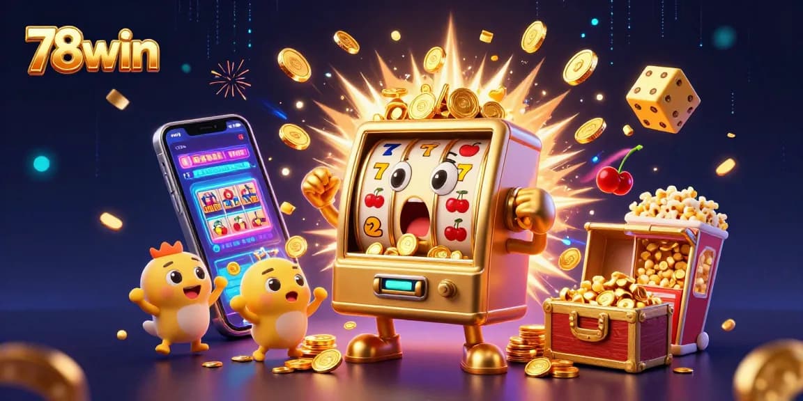 Experience the thrill of 78win with a golden slot machine celebrating its jackpot amidst a vibrant casino scene.