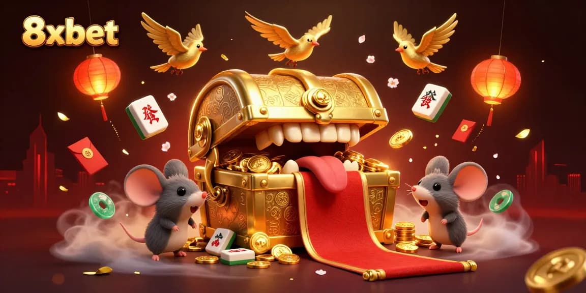 Experience the thrill of 8xbet as adventurous mice are lured by a golden treasure chest in this dynamic casino illustration.