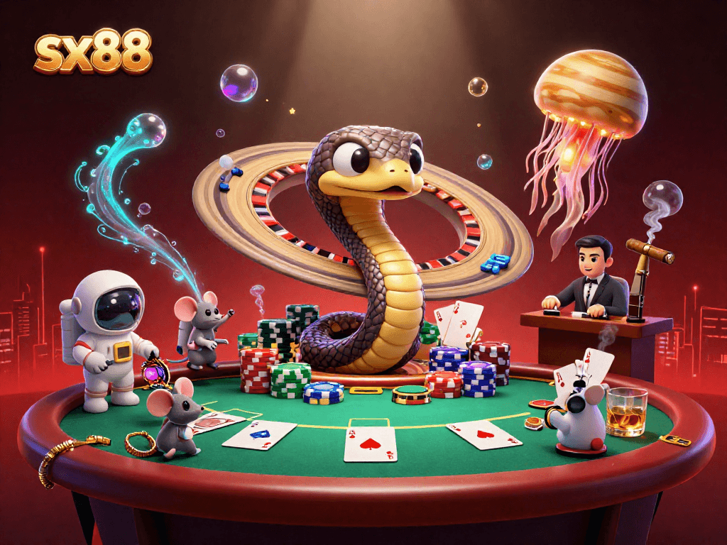 Experience thrilling betting action at sx88 with a cosmic dealer and vibrant casino elements.