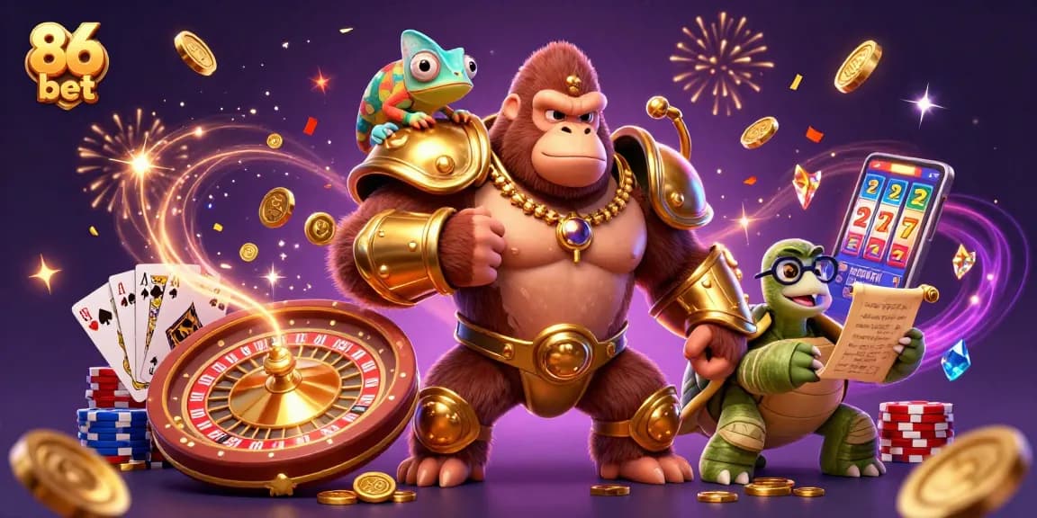 Experience the thrill of 86 bet with a vibrant casino scene featuring characters amidst cascading coins, cards, and festive energy.
