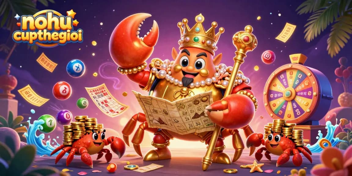 Nohu-cupthegioi showcases a vibrant scene of a golden crab emperor amidst dynamic lottery elements.