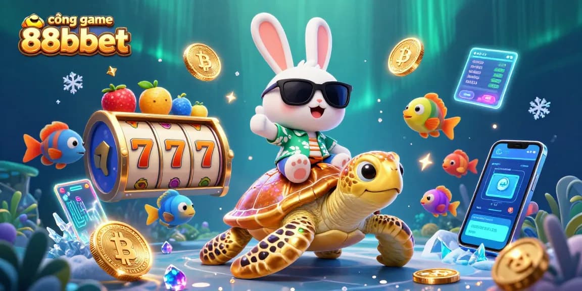 Engage with cổng game 88bbet and enjoy a vibrant 3D illustration featuring casino elements and animated characters.