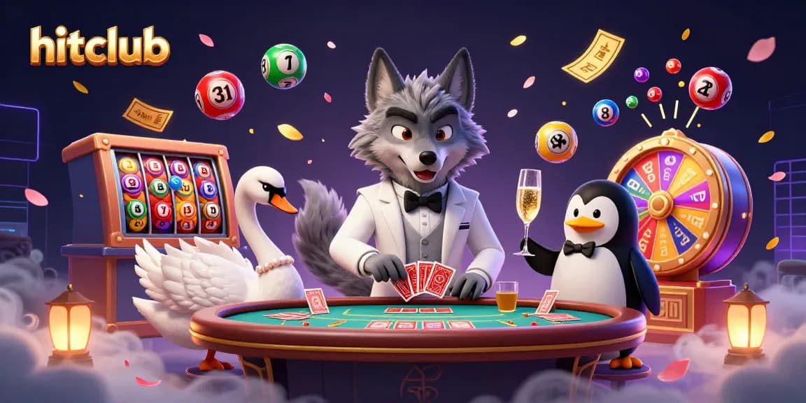 Experience hitclub's vibrant casino atmosphere where a wolf, swan, and penguin create a playful scene with dynamic gaming elements.