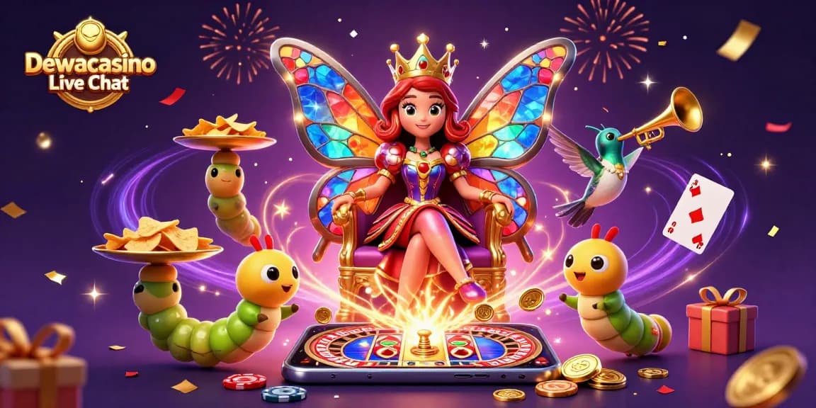 Engage with Dewacasino Live Chat as a vibrant butterfly queen welcomes players, showcasing thrilling casino elements.