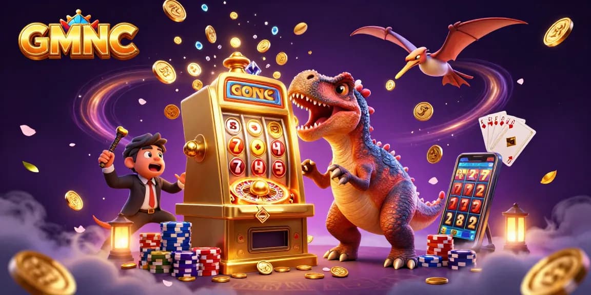 Catch golden coins in the thrilling GMNC illustration as a lively pachycephalosaurus interacts with a jackpot machine.