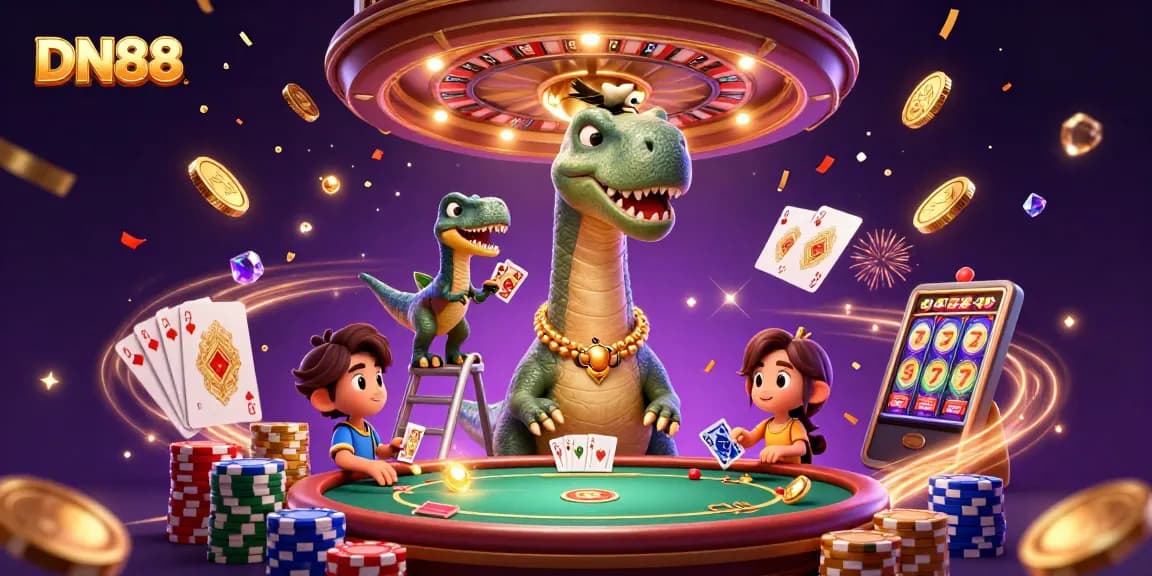 Experience thrilling gaming adventures at DN88 while surrounded by vibrant casino elements in a stunning illustration.