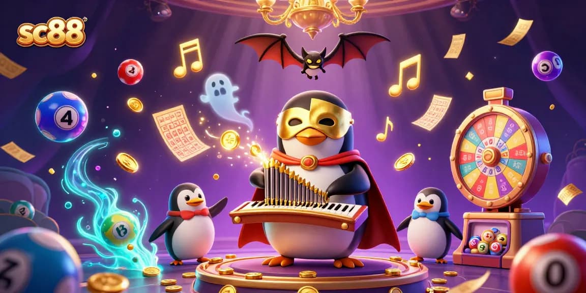 Experience sc88's thrilling atmosphere with a 3D penguin organist amidst vibrant lottery games and golden coins.