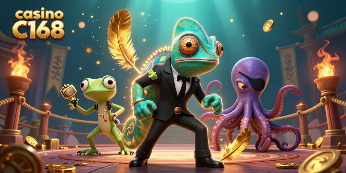 Engaging scene with casino C168's animated secret agent chameleon and gecko, surrounded by dynamic gambling elements.