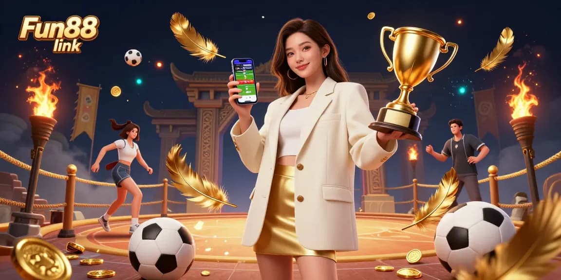 Engage with Fun88 link through this vibrant casino scene, showcasing sports betting excitement and dynamic elements.
