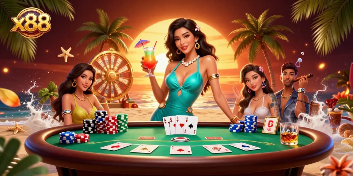 Spin to win at x88 with a tropical casino scene featuring poker chips and cocktails.