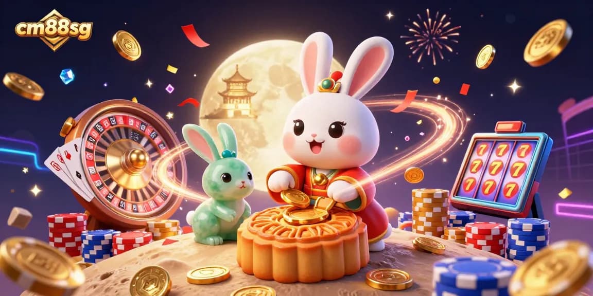 Experience the magic of cm88sg with a dynamic casino-themed illustration featuring iconic games and elements.