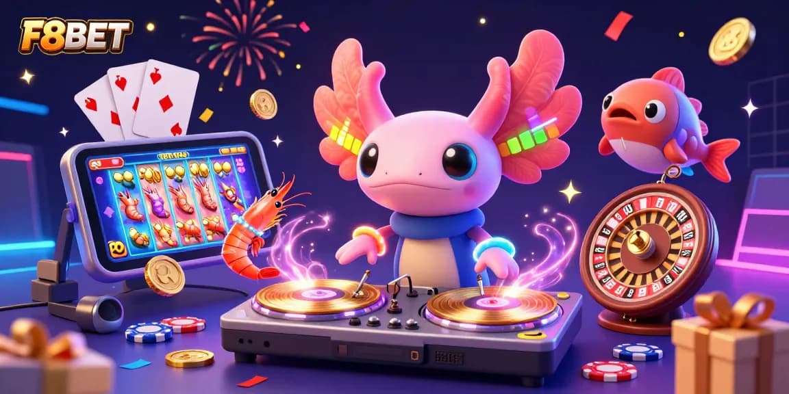 Experience vibrant excitement at F8BET with a neon DJ, animated sea creatures, and multi-game elements.