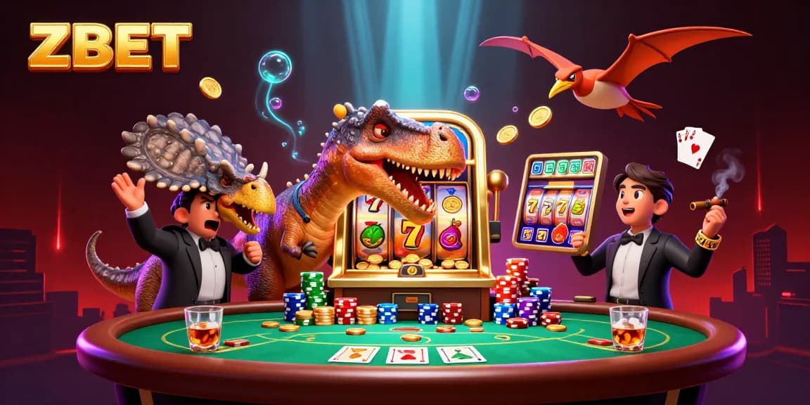 ZBET showcases an adventurous scene with a pachycephalosaurus delighting in jackpot wins alongside a frantic casino manager.