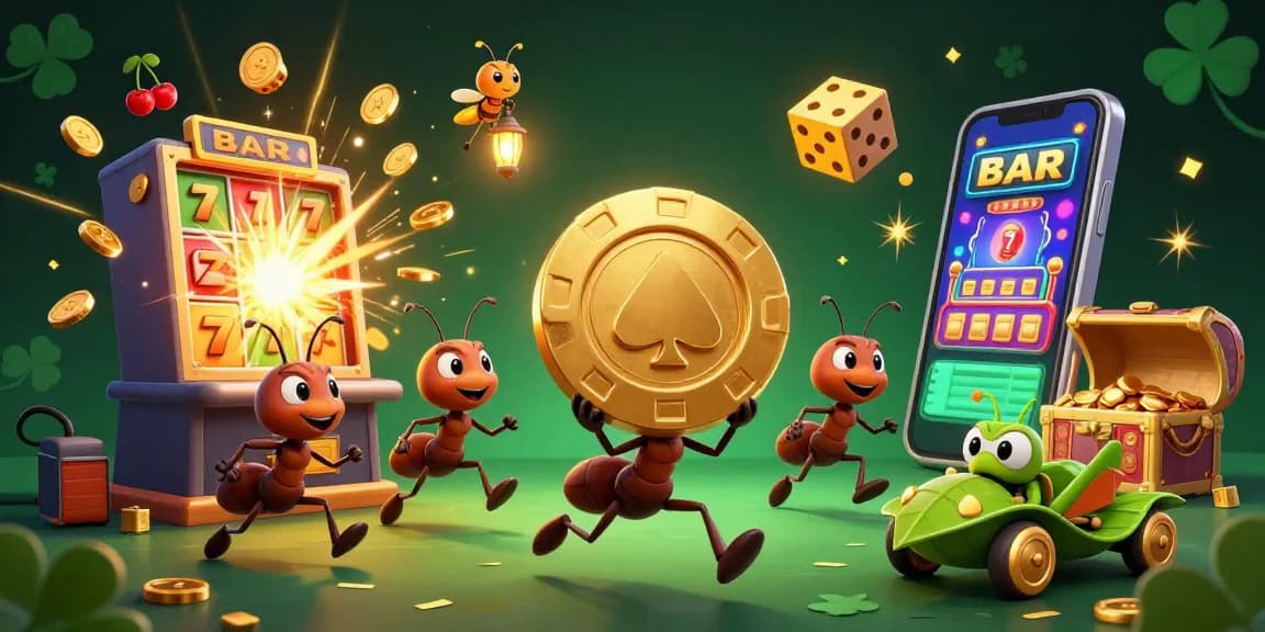 Experience thrilling slots action at okfun com with animated ants heisting a giant golden poker chip.