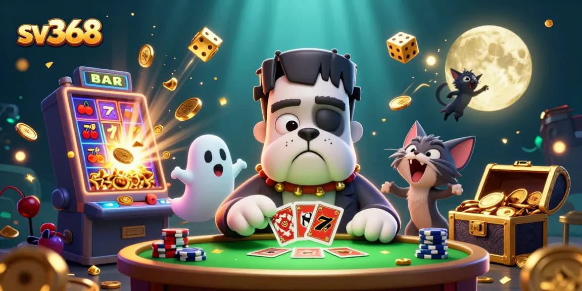 Engage with sv368, where a playful Frankenstein bulldog dealer entertains at a lively casino.