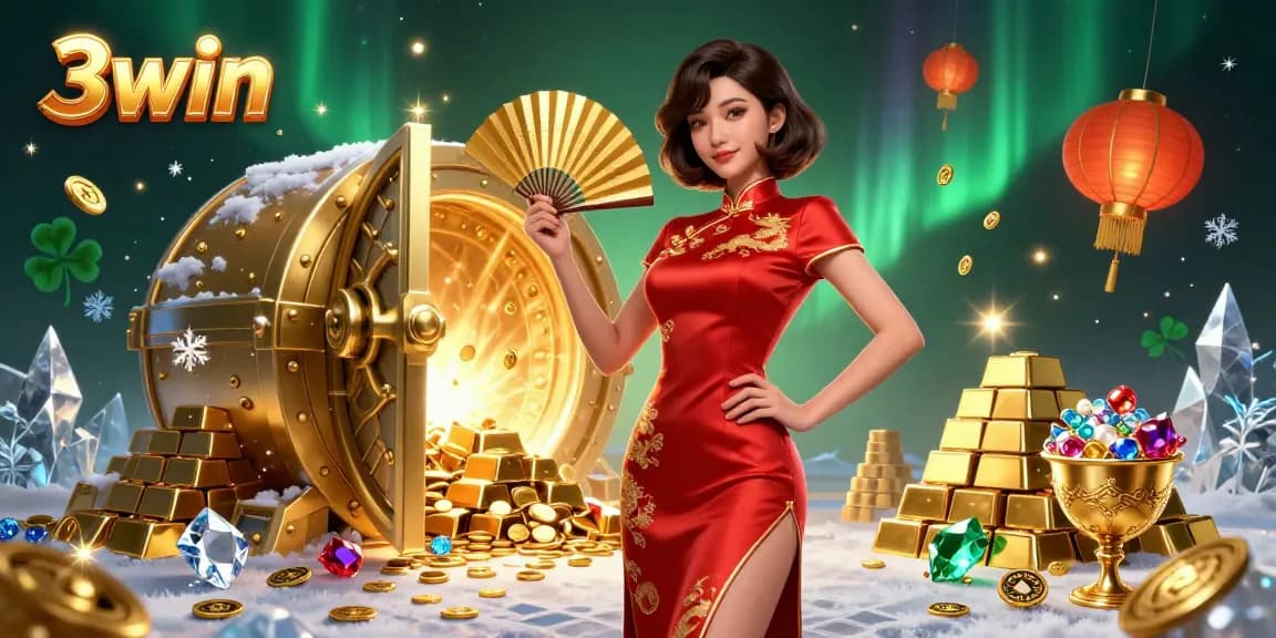 Engage with 3win's vibrant casino atmosphere, showcasing a confident Asian woman amid gold treasures and lanterns.