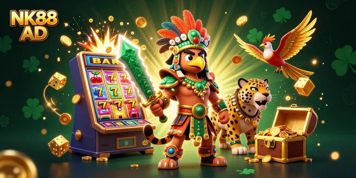 Join the excitement at NK88 AD with a vivid 3D illustration showcasing high-stakes casino scenarios and winning moments.