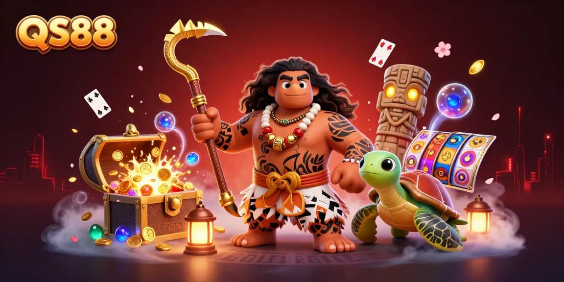 Experience the excitement of QS88 with a vibrant 3D scene featuring a demigod, turtle, and golden treasures illustrating online gaming fun.