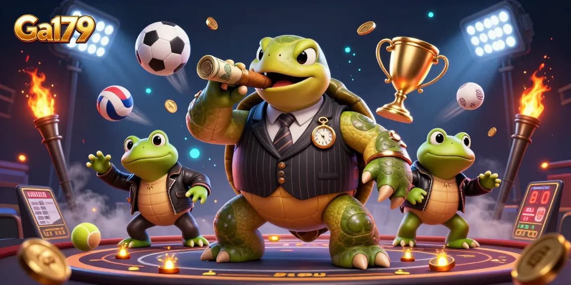 Engage in thrilling Ga179 cockfighting action with dynamic visuals of snapping turtle and bullfrogs under casino lights.