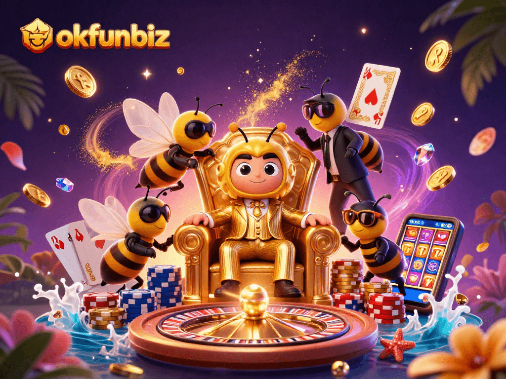 Experience the thrilling world of okfunbiz with vibrant casino elements in this 3D illustration.