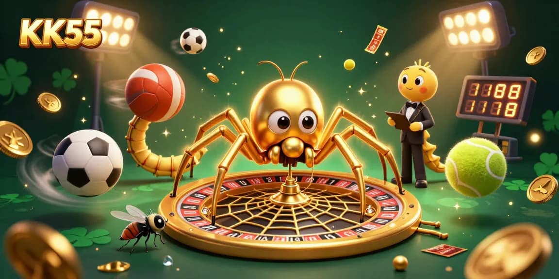 Engage with KK55's exciting roulette atmosphere featuring a golden spider and sports betting elements.