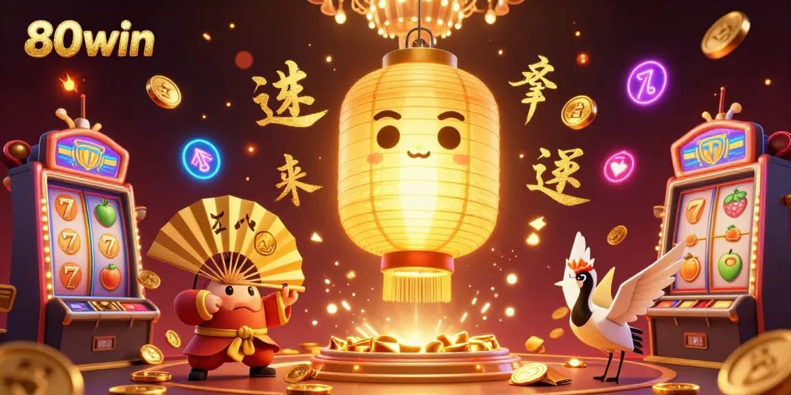 Play exciting games at 80win, highlighted by a glowing golden lantern spirit amidst lively casino elements.