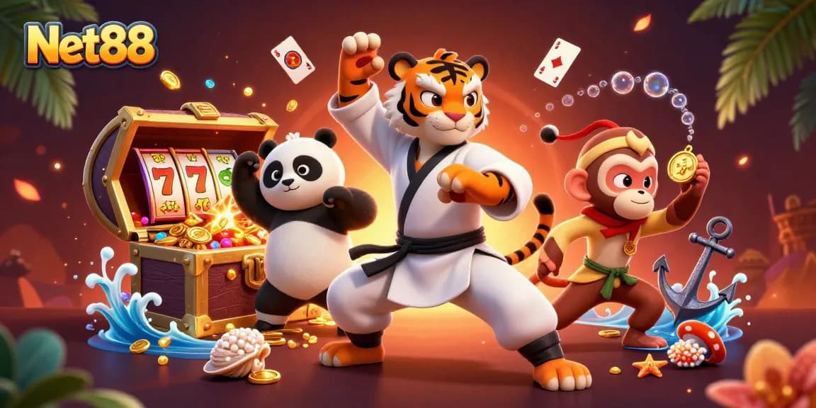 Engage with Net88 through this vibrant illustration of a kung fu tiger and friends in a casino theme.